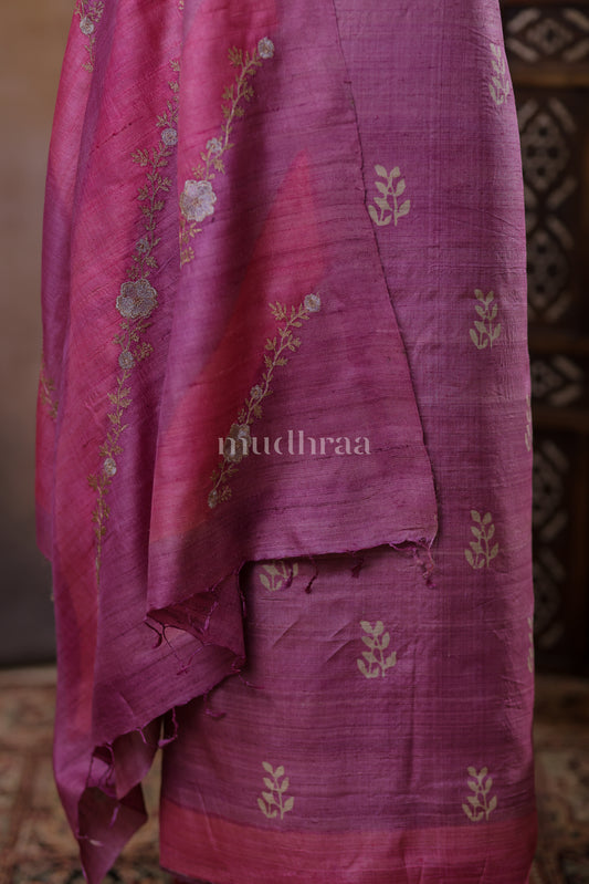 PURPLE & PINK HANDMADE TUSSAR SUIT SET