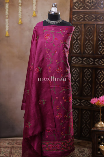 PLUM EMBROIDERED TUSSAR SUIT SET
