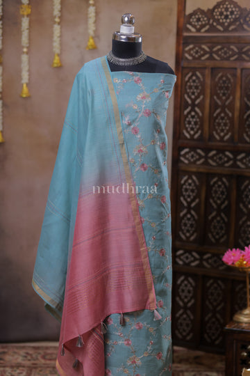 PEARL BLUE EMBROIDERED TUSSAR SUIT SET