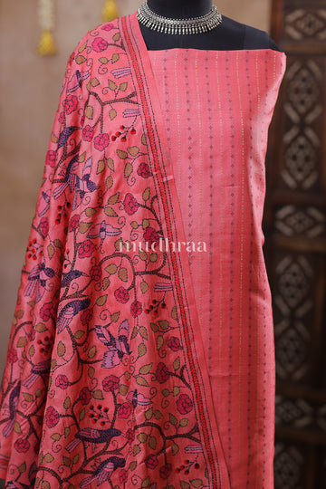 FLAMINGO PINK HAND-KANTHA TUSSAR SUIT