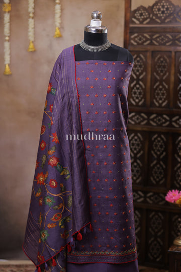 DEEP MAUVE & RED EMBROIDERED TUSSAR SUIT