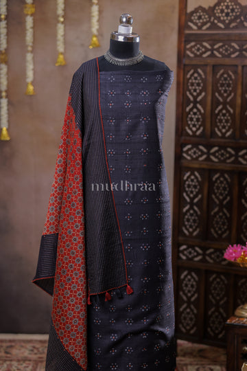 COAL BLACK BANDHANI AJRAKH TUSSAR SUIT