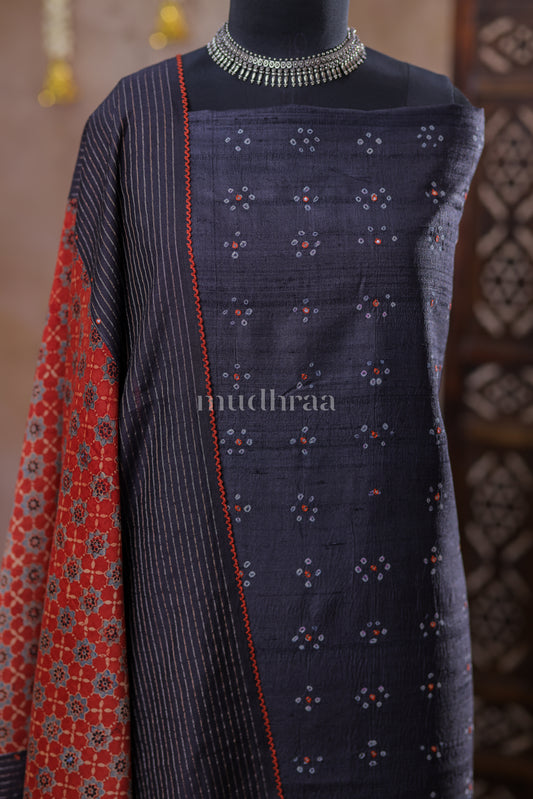 COAL BLACK BANDHANI AJRAKH TUSSAR SUIT