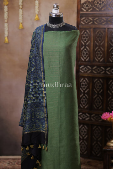 GREEN ZARI CHECKED AJRAKH CHANDERI SUIT SET