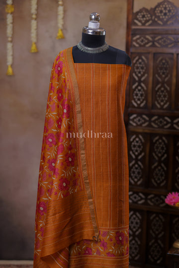 MUSTARD & PINK KANTHA PRINTED MOONGA SUIT SET
