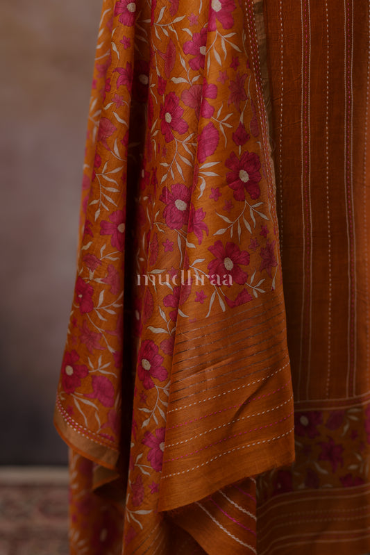 MUSTARD & PINK KANTHA PRINTED MOONGA SUIT SET