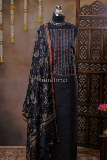 COAL & RED HAND EMBROIDERED TUSSAR SUIT SET