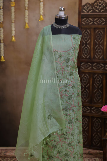 APPLE GREEN HAND-EMBROIDERED KOTA TUSSAR SUIT SET