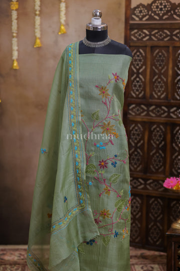 SAGE GREEN HAND-EMBROIDERED KOTA TUSSAR SUIT SET