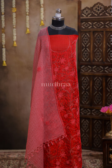 SCARLET HAND-EMBROIDERED KOTA TUSSAR SUIT SET