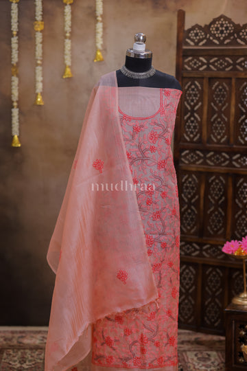 PEACH HAND-EMBROIDERED KOTA TUSSAR SUIT SET