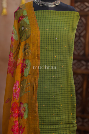 LEAF GREEN & MUSTARD MOONGA KOTA SUIT SET