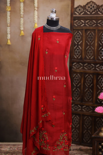 SCARLET RED HAND EMBROIDERED KORA ORGANZA SUIT SET