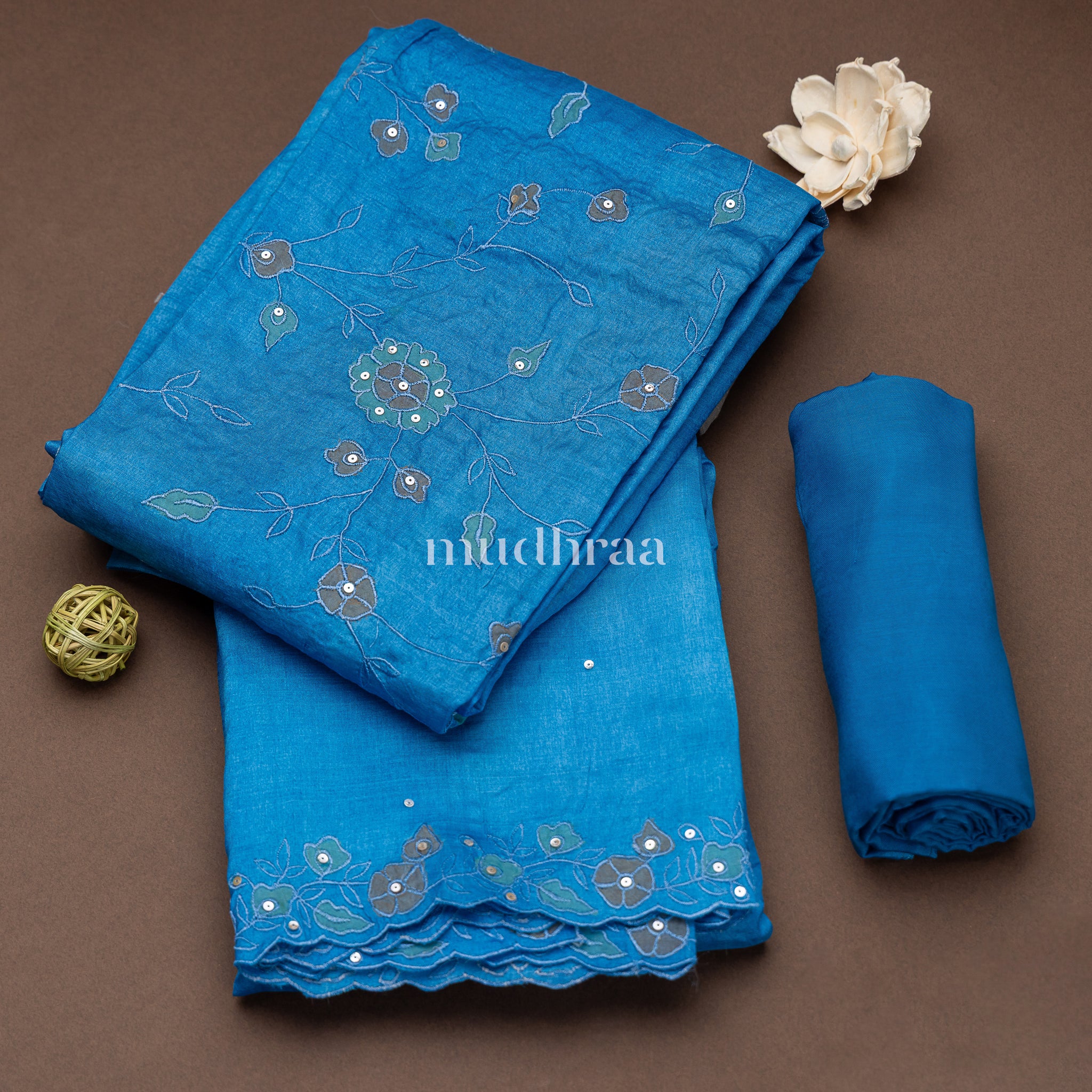 VIVID BLUE APPLIQUE EMBROIDERED TUSSAR SUIT SET