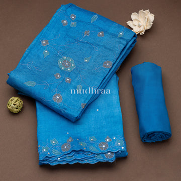 VIVID BLUE APPLIQUE EMBROIDERED TUSSAR SUIT SET