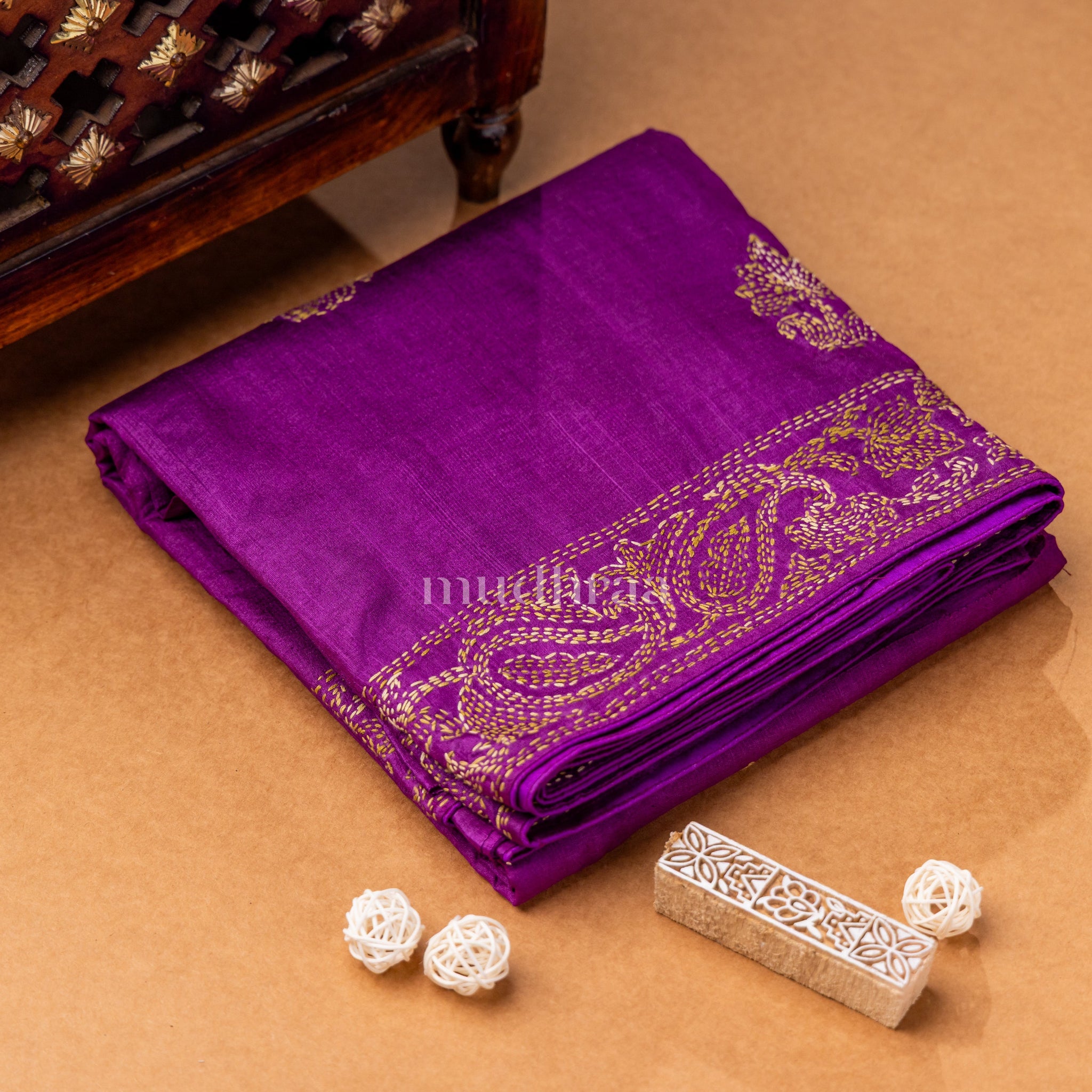 DARK ORCHID KANTHA TUSSAR SAREE