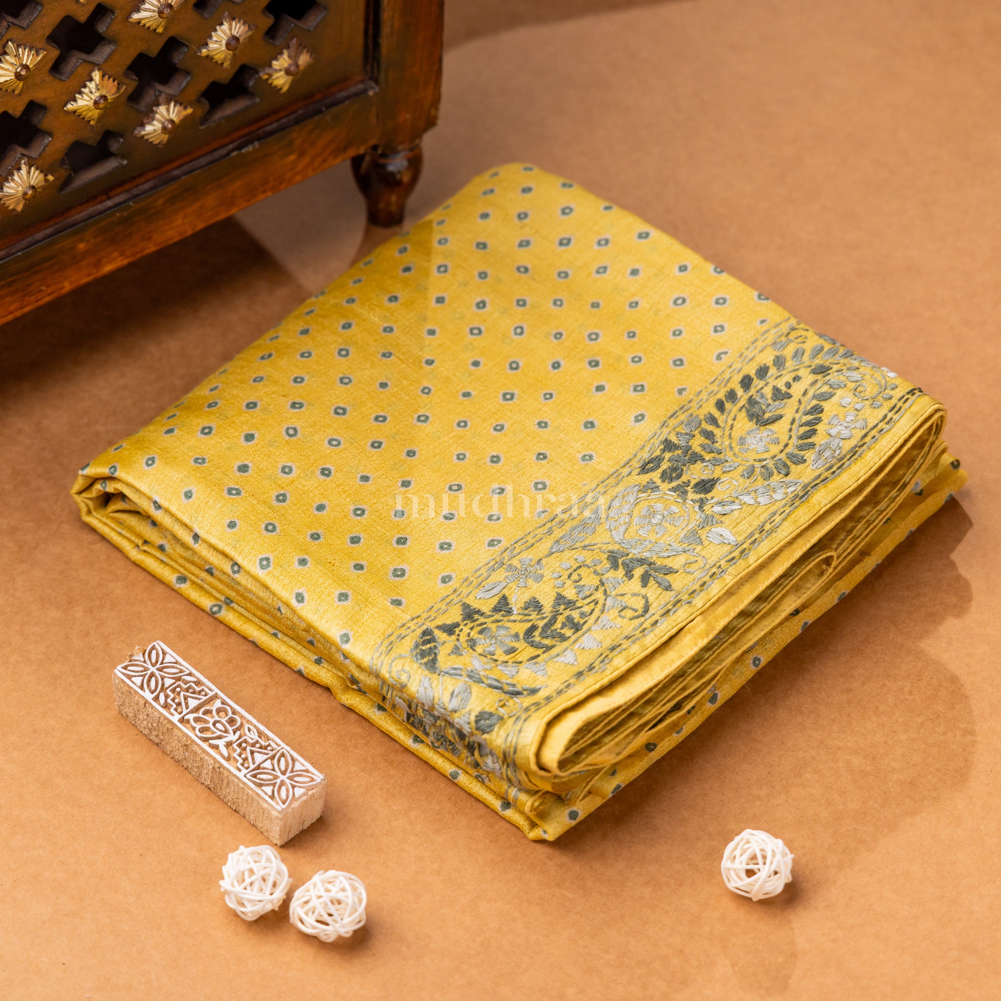 CANARY YELLOW BANDHANI KANTHA TUSSAR SAREE
