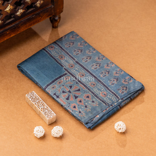AZURE BLUE AJRAKH TUSSAR SILK SAREE
