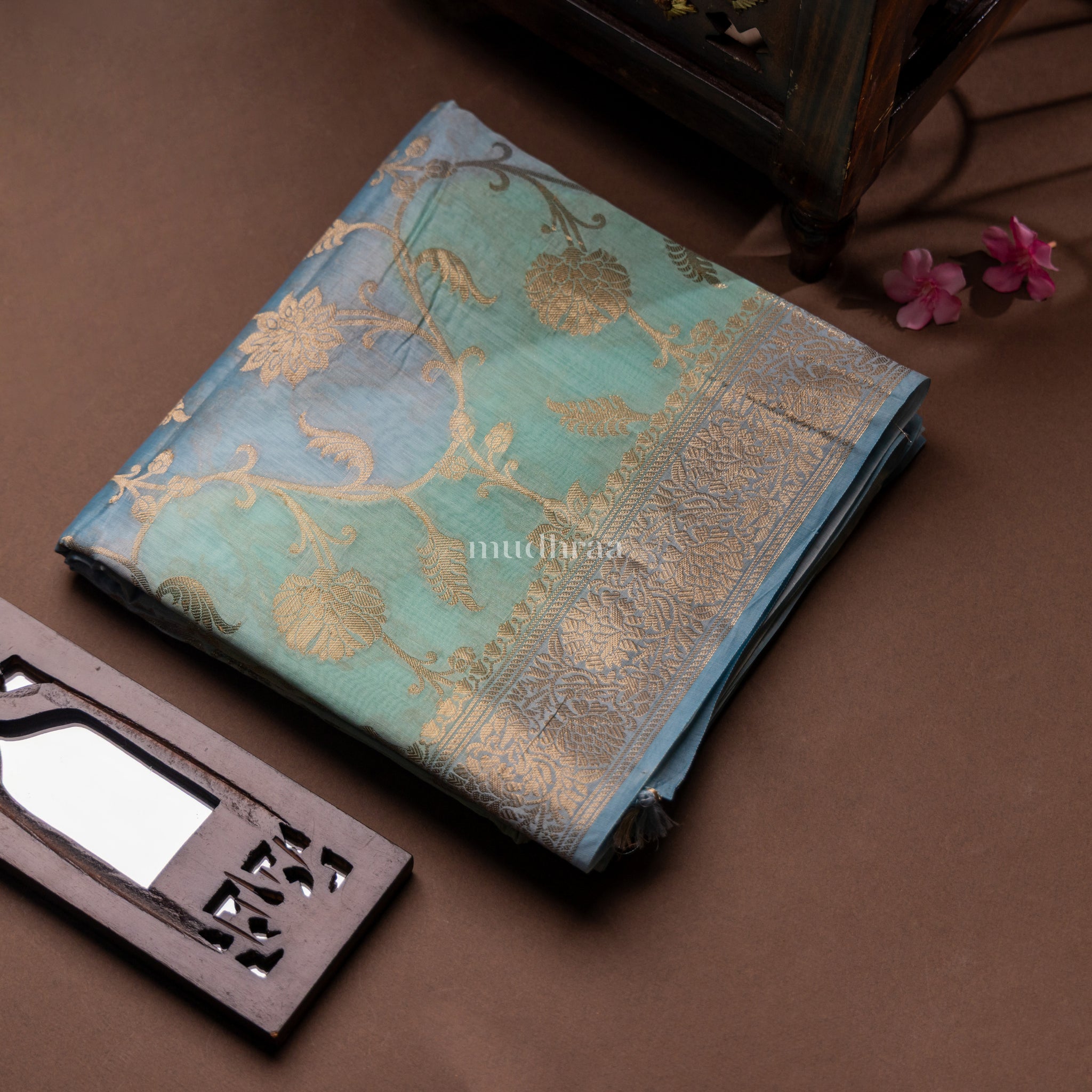 BLUE GREEN RANGKHAT CHANDERI SILK SAREE