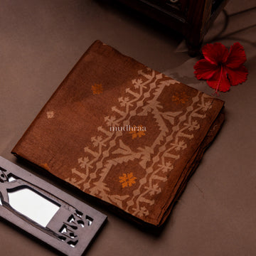 COFFEE BROWN HANDWOVEN JAMDANI TUSSAR SILK SAREE