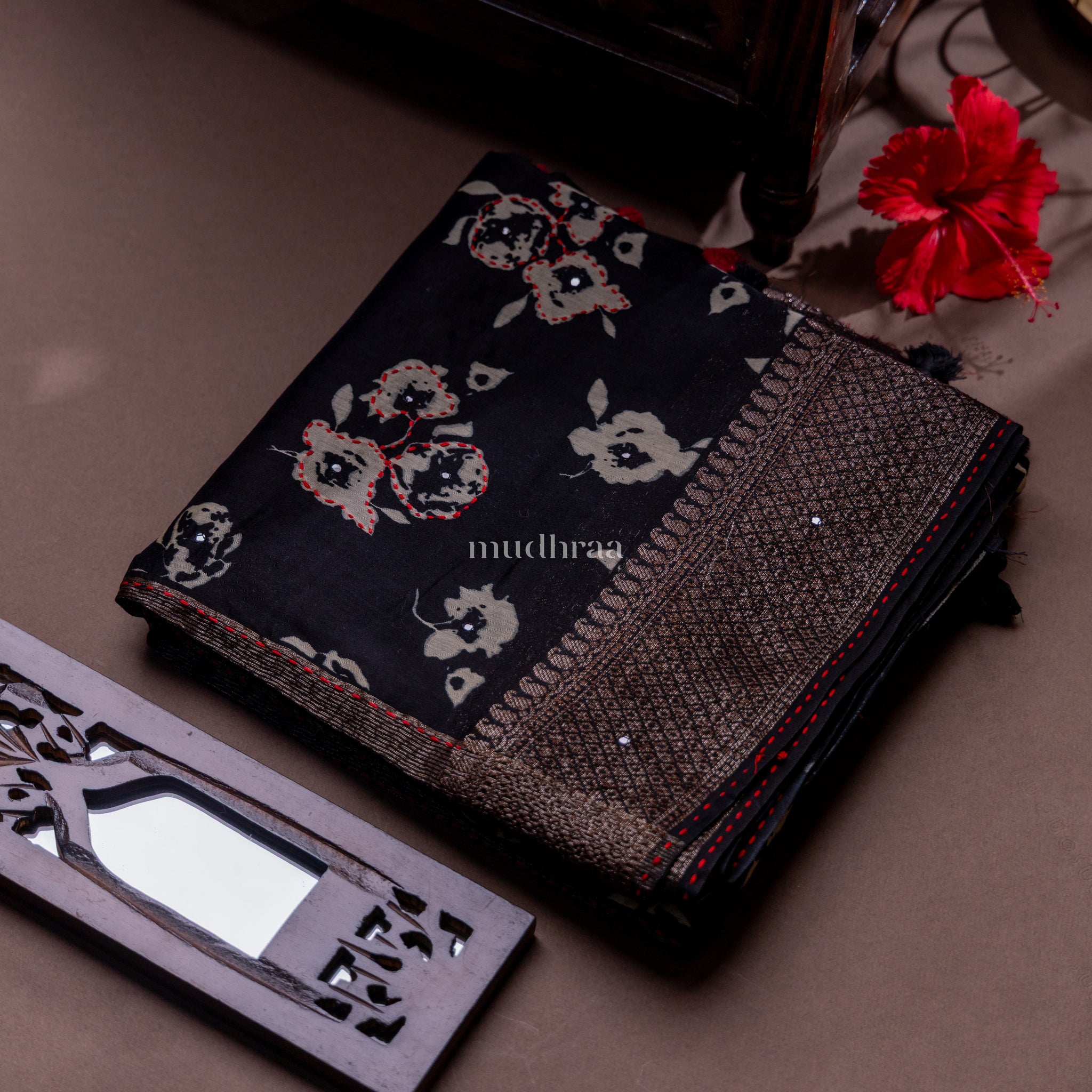 COAL FLORAL KANTHA CHANDERI SAREE