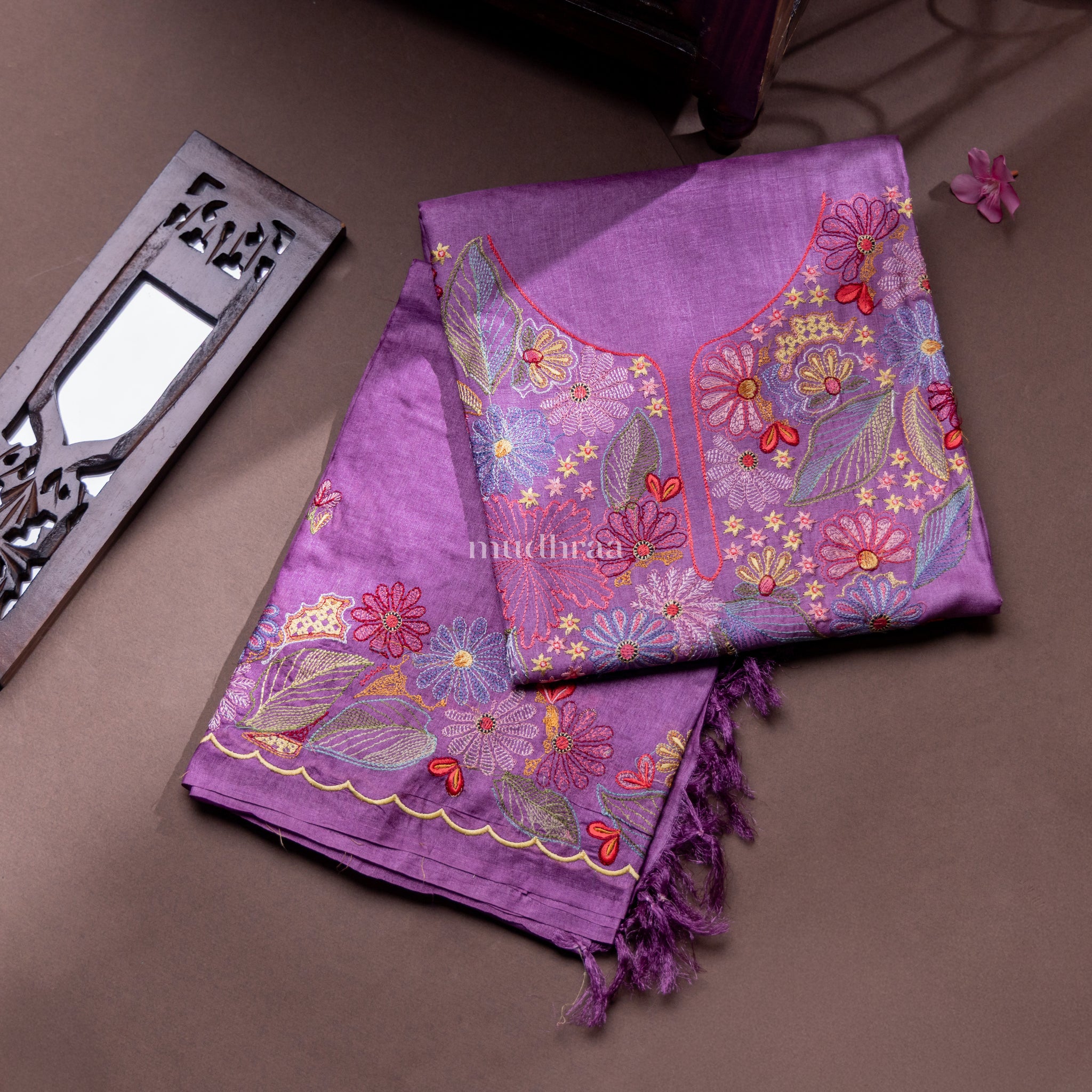 VIOLET FLORAL EMBROIDERED TUSSAR SUIT SET