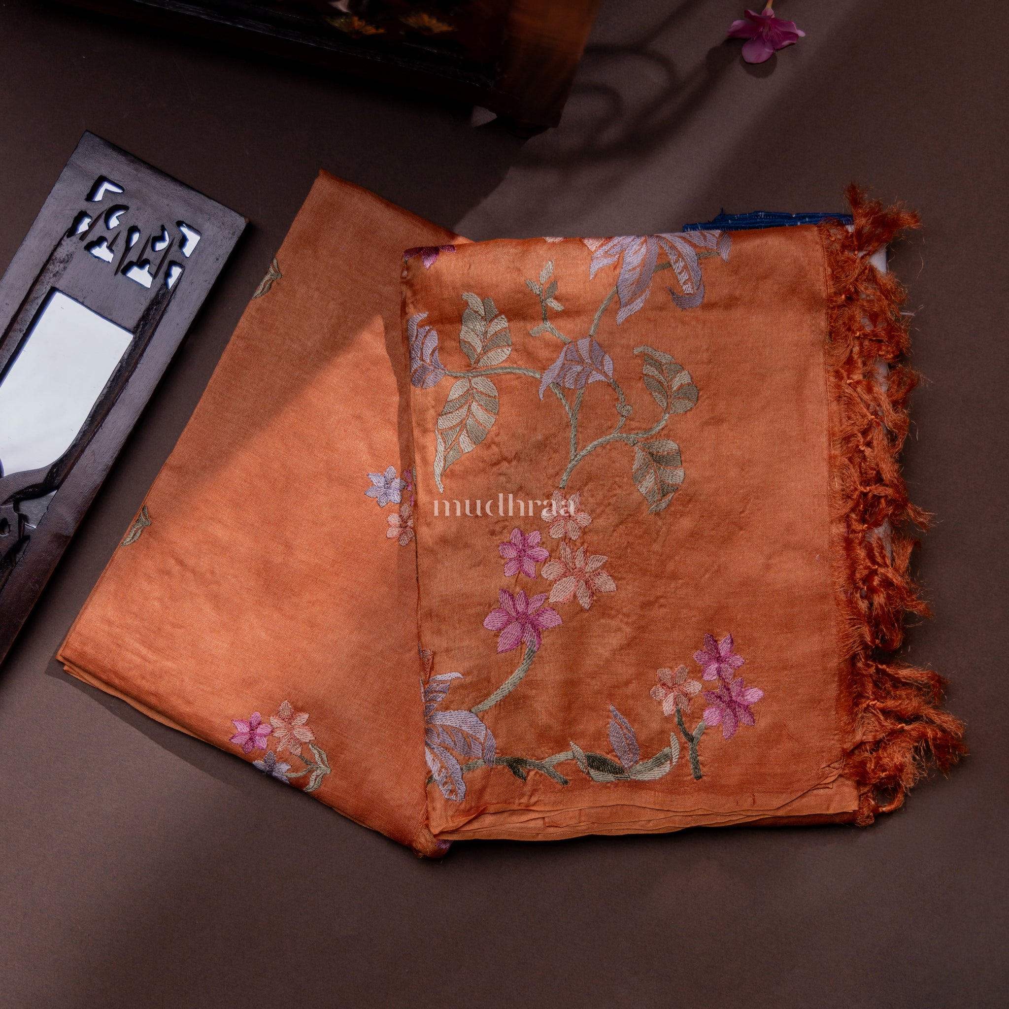 TANGERINE EMBROIDERY FLORAL TUSSAR SUIT SET