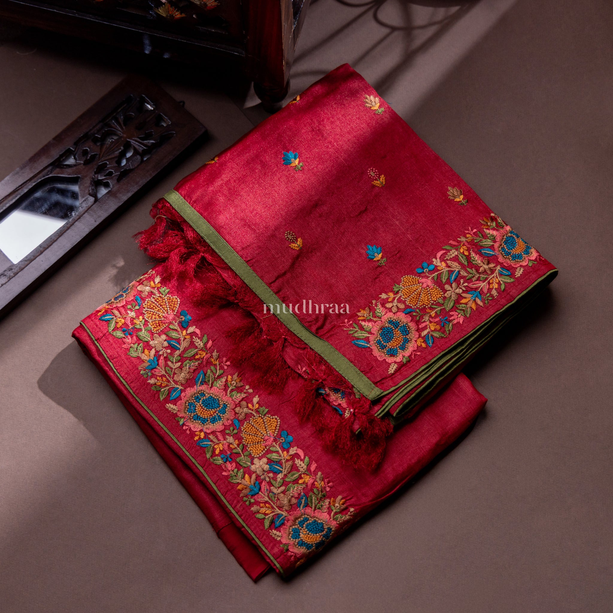 SCARLET RED TUSSAR EMBROIDERED SUIT SET