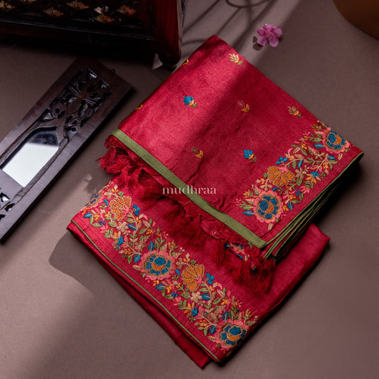 SCARLET RED TUSSAR EMBROIDERED SUIT SET