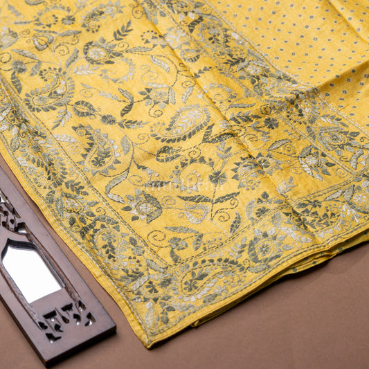 CANARY YELLOW BANDHANI KANTHA TUSSAR SAREE