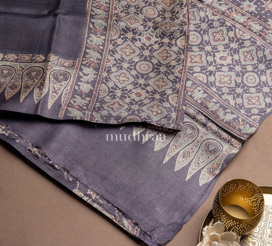 CHARCOAL AJRAKH TUSSAR SILK SAREE
