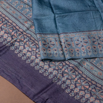 AZURE BLUE AJRAKH TUSSAR SILK SAREE