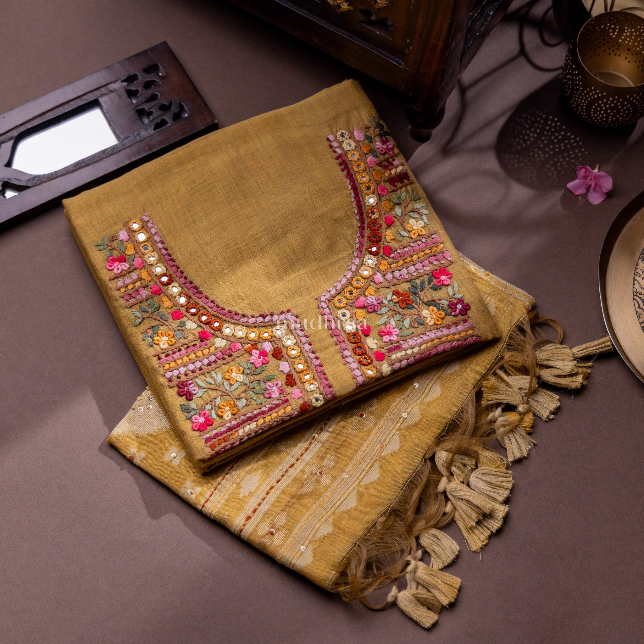 MUSTARD CHANDERI PHULKARI SUIT SET