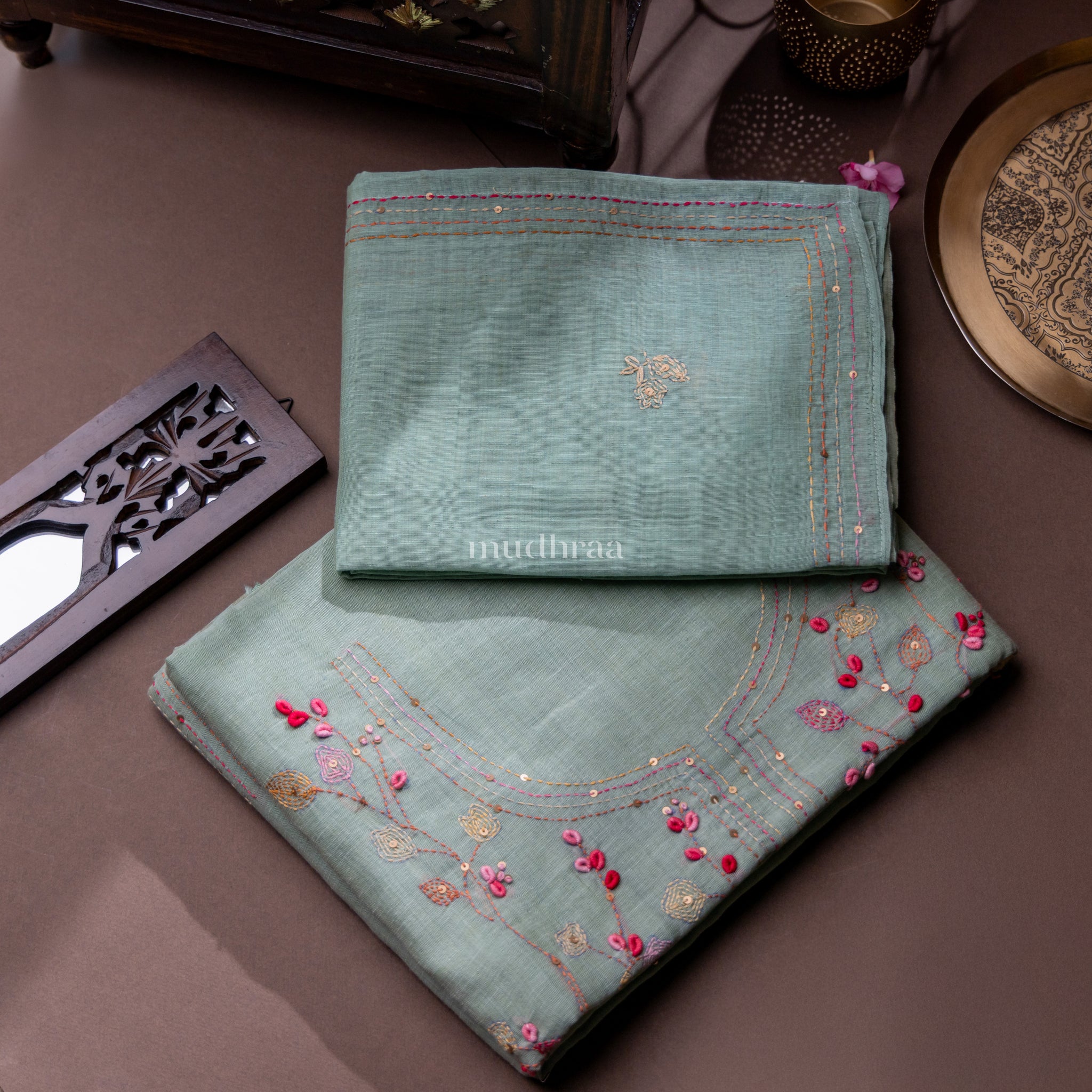 PISTACHIO EMBROIDERED CHANDERI SUIT SET