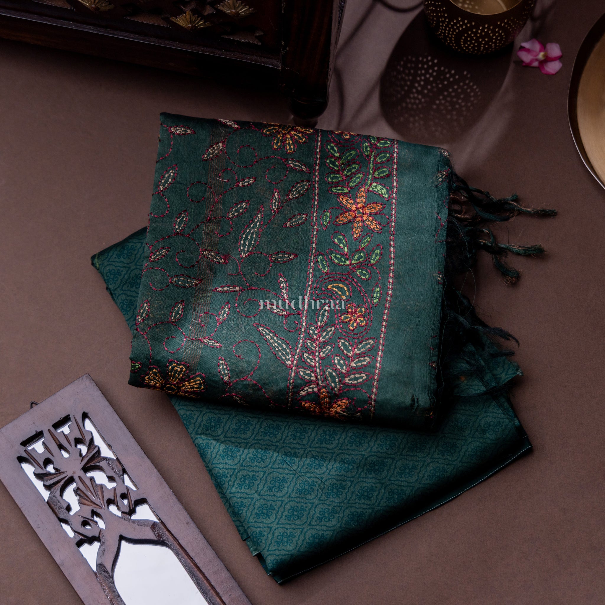 DARK GREEN CHANDERI KANTHA SUIT SET