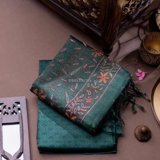 DARK GREEN CHANDERI KANTHA SUIT SET