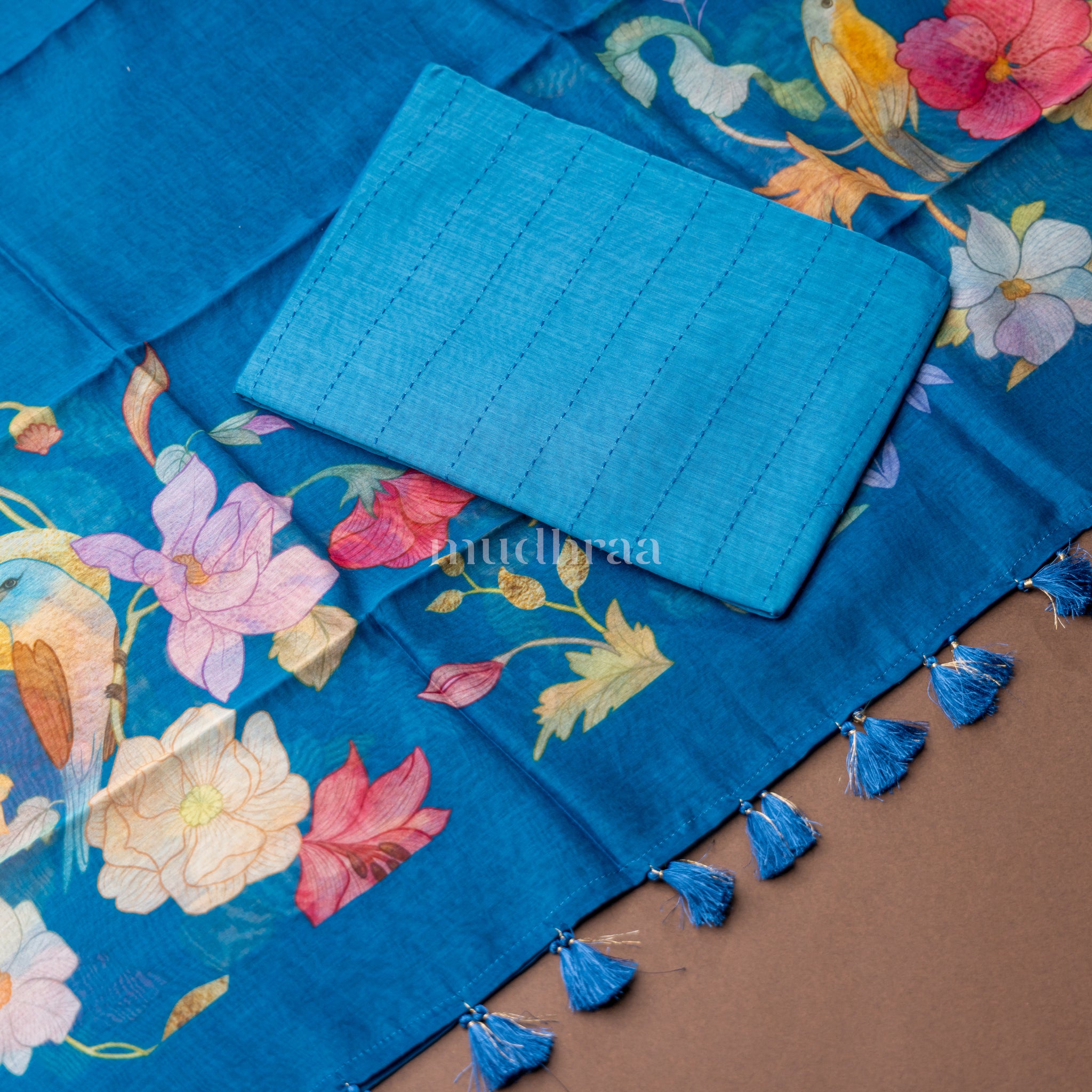 VIVID BLUE CHANDERI KANTHA PRINTED SUIT SET
