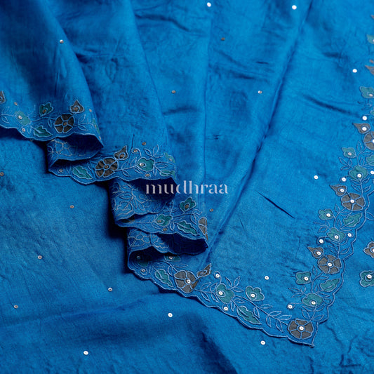 VIVID BLUE APPLIQUE EMBROIDERED TUSSAR SUIT SET