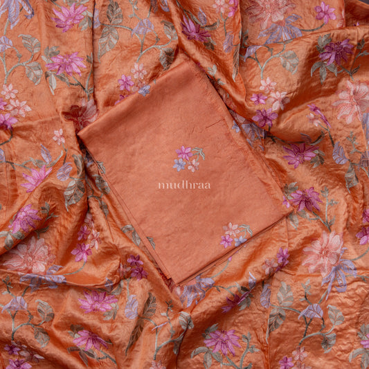 TANGERINE EMBROIDERY FLORAL TUSSAR SUIT SET