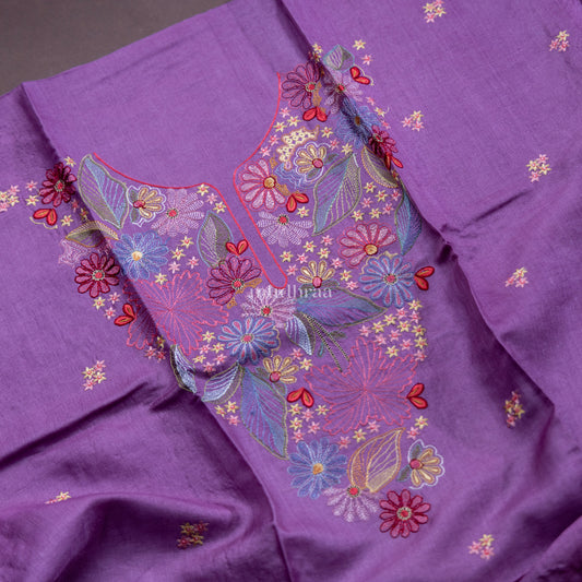 VIOLET FLORAL EMBROIDERED TUSSAR SUIT SET