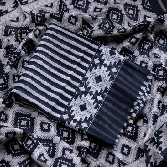 BLACK & WHITE STRIPED CHANDERI SUIT SET