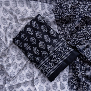 BLACK & WHITE PRINTED CHANDERI SUIT SET