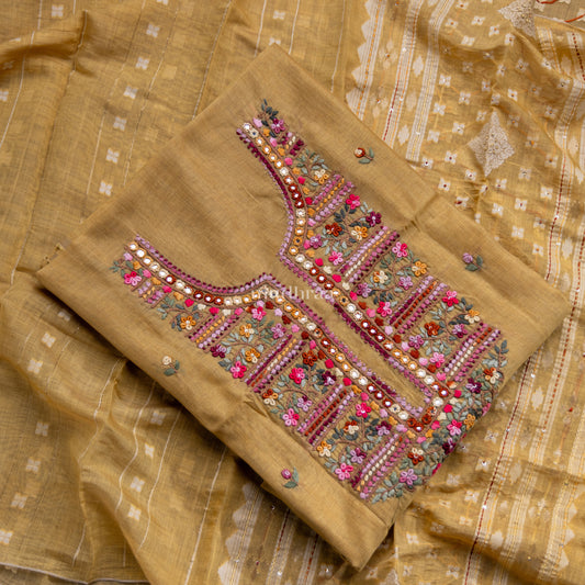 MUSTARD CHANDERI PHULKARI SUIT SET