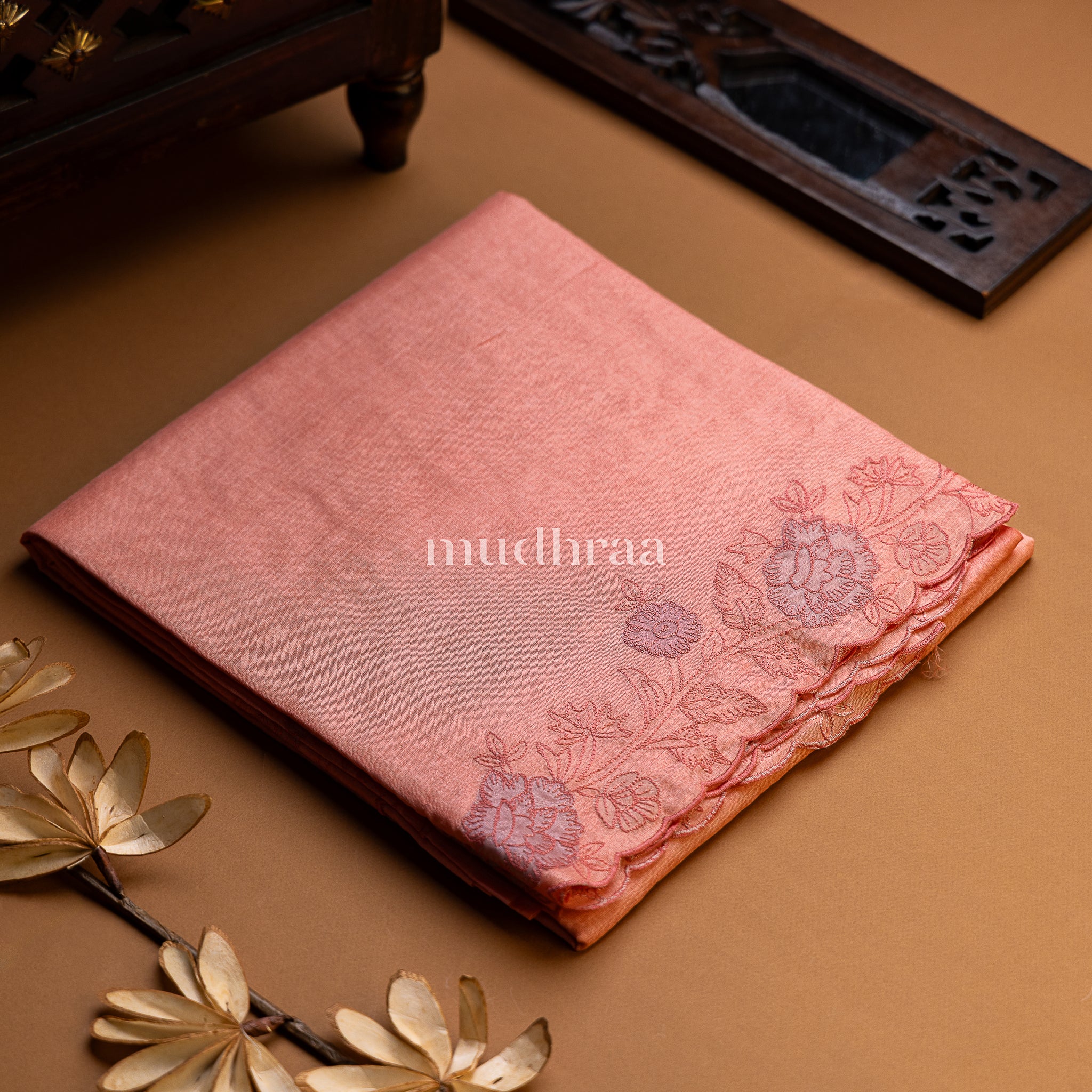 CORAL PEACH APPLIQUE-FLORAL EMBROIDERED TUSSAR SAREE