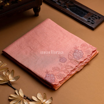 CORAL PEACH APPLIQUE-FLORAL EMBROIDERED TUSSAR SAREE