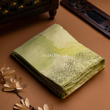 APPLE GREEN APPLIQUE-SUGAR BEAD EMBROIDERED TUSSAR SAREE