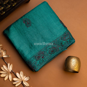 BOTTLE GREEN & MAROON CHIKANKARI TUSSAR SAREE