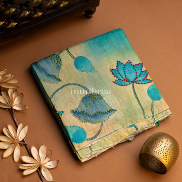 AQUA & LEMON PICHWAI-FRENCH KNOT TUSSAR SAREE