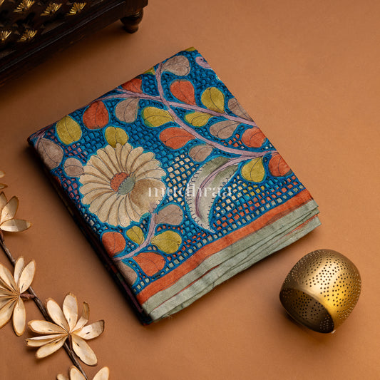 WINE & BLUE KALAMKARI CUT WORK TUSSAR SAREE