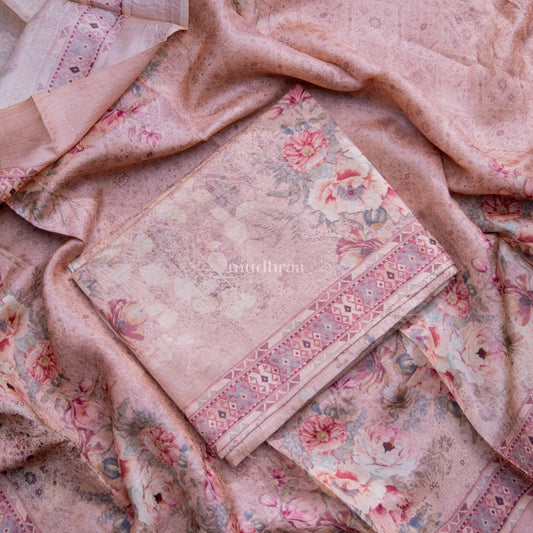 PASTEL PINK PRINTED TUSSAR SUIT SET